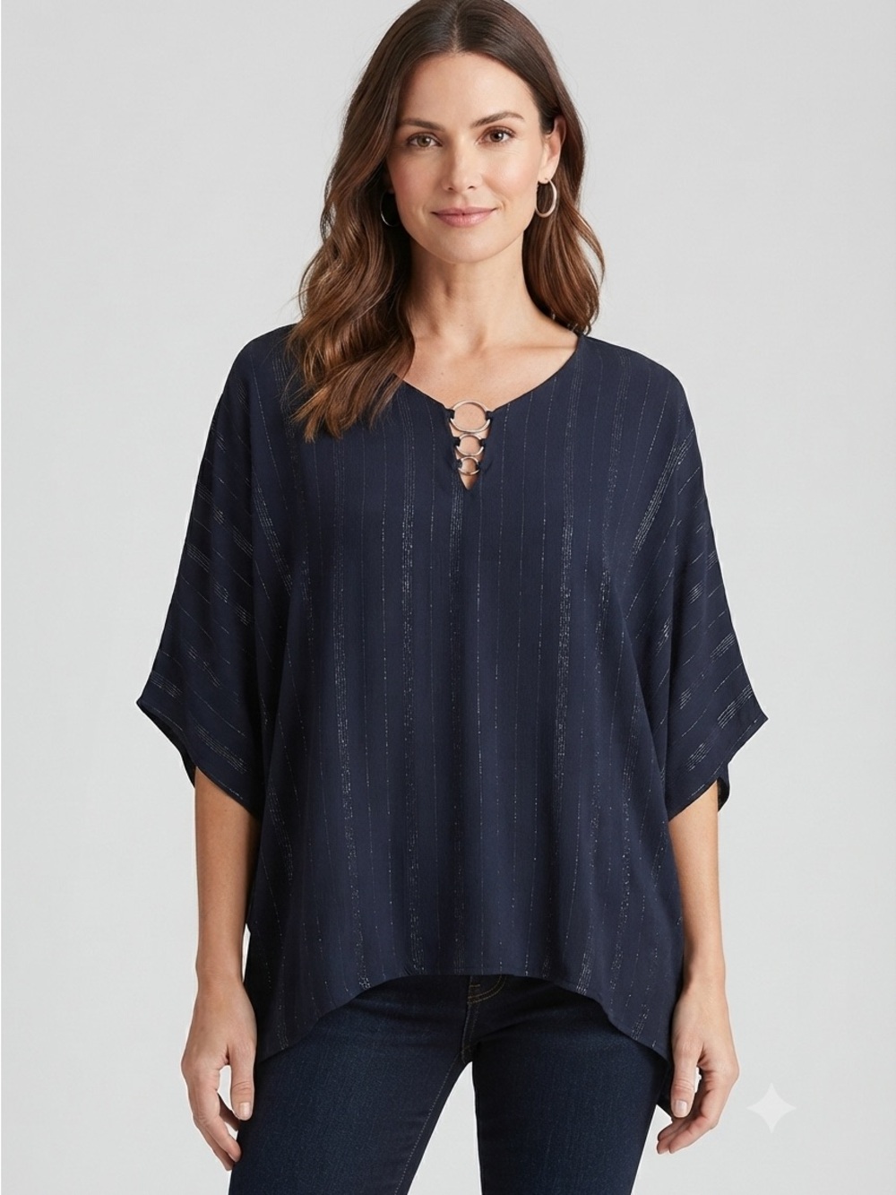 JM Collection Navy V-Neck Ring-Trim blouse with Metallic Stripes